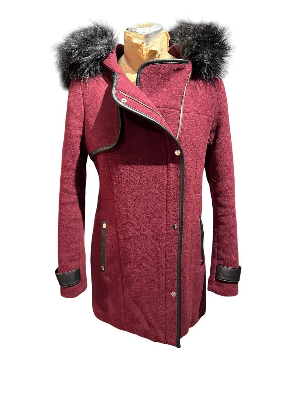 Etam Burgundy Wool Coat with Faux Fur Hood and Leather Trim